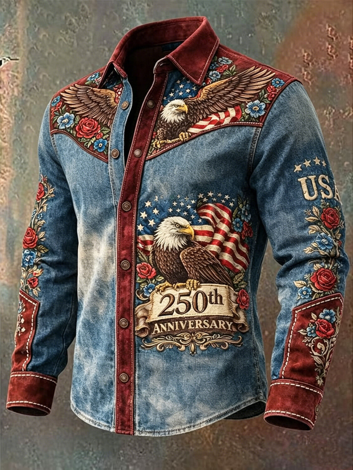 Men's Vintage Western-style Eagle Independence Day Floral Print Long Sleeve Shirt