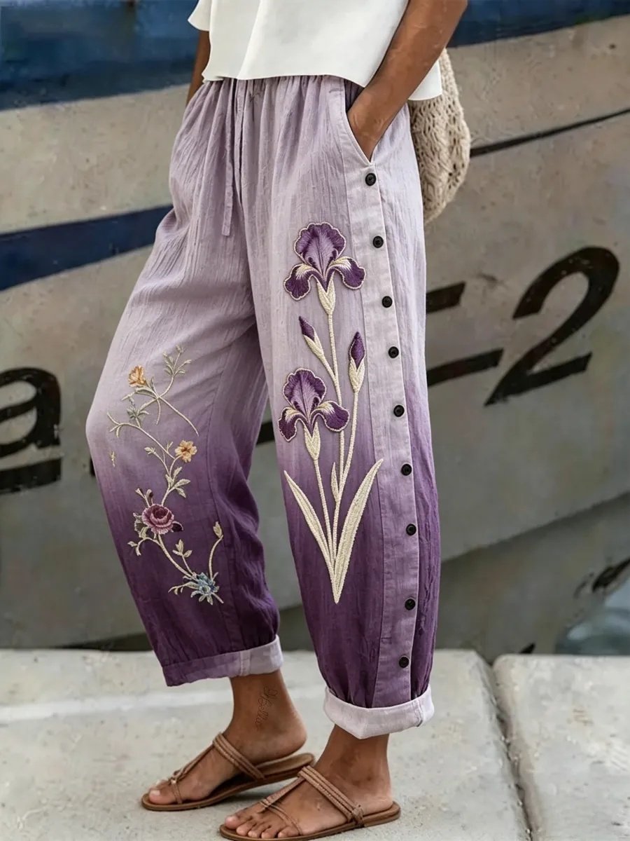 Women's Cotton Linen Botanical Floral Casual Pants
