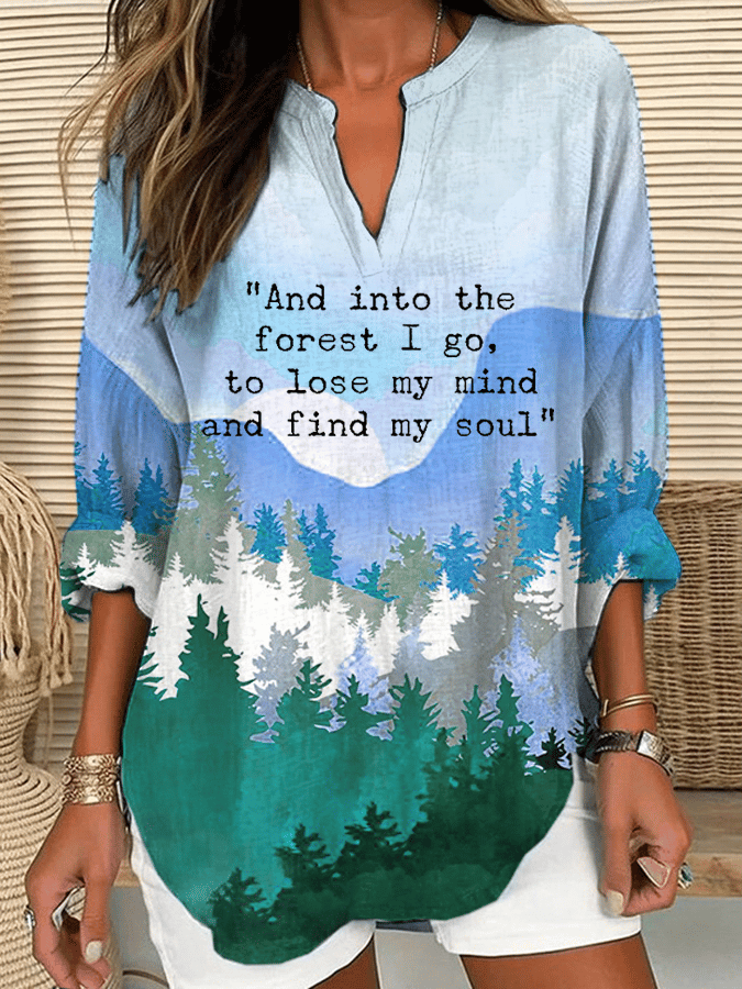 Women's "And Into The Forest I Go, To Lose My Mind And Find My Soul" Forest Floral Print Casual Long Sleeve V Neck Shirt