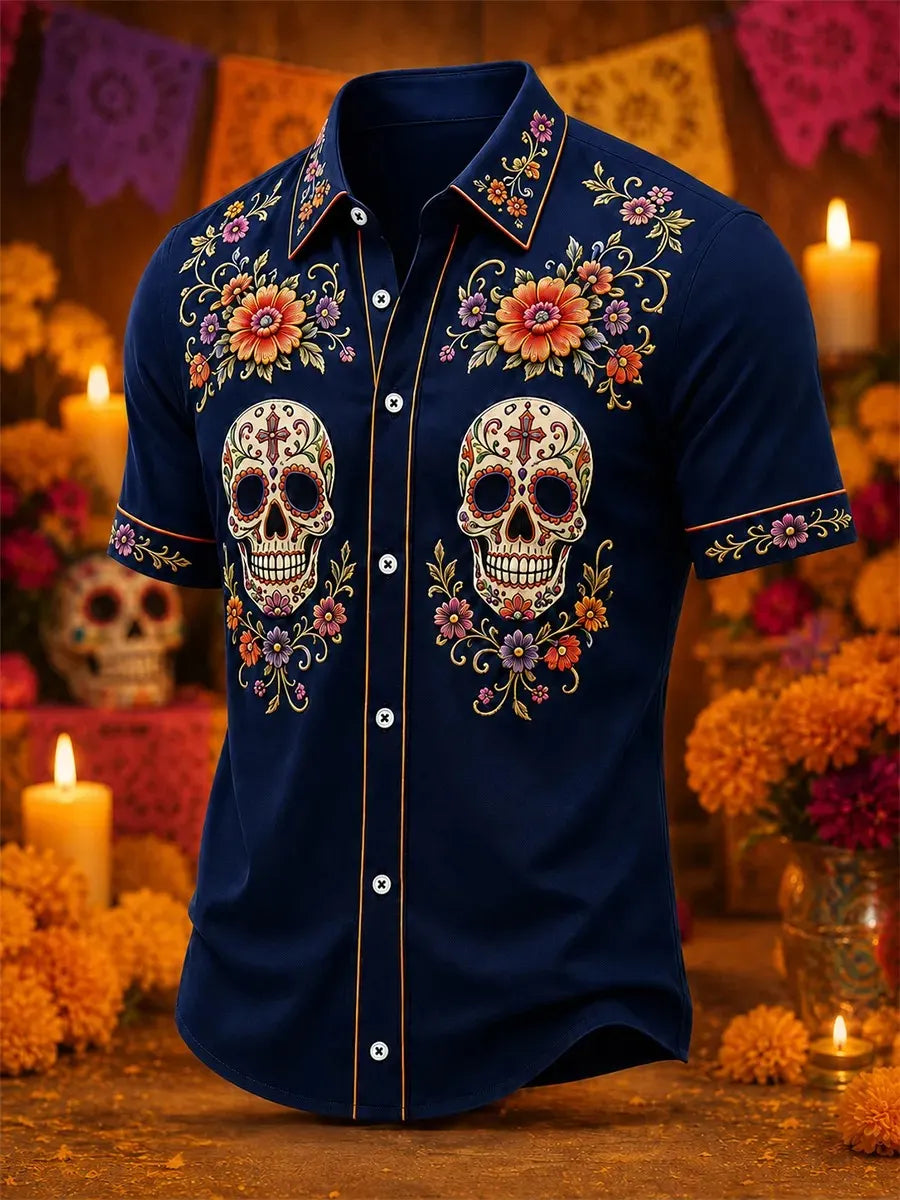 Men'S Day Of The Dead Print Short Sleeve Buttons Shirt