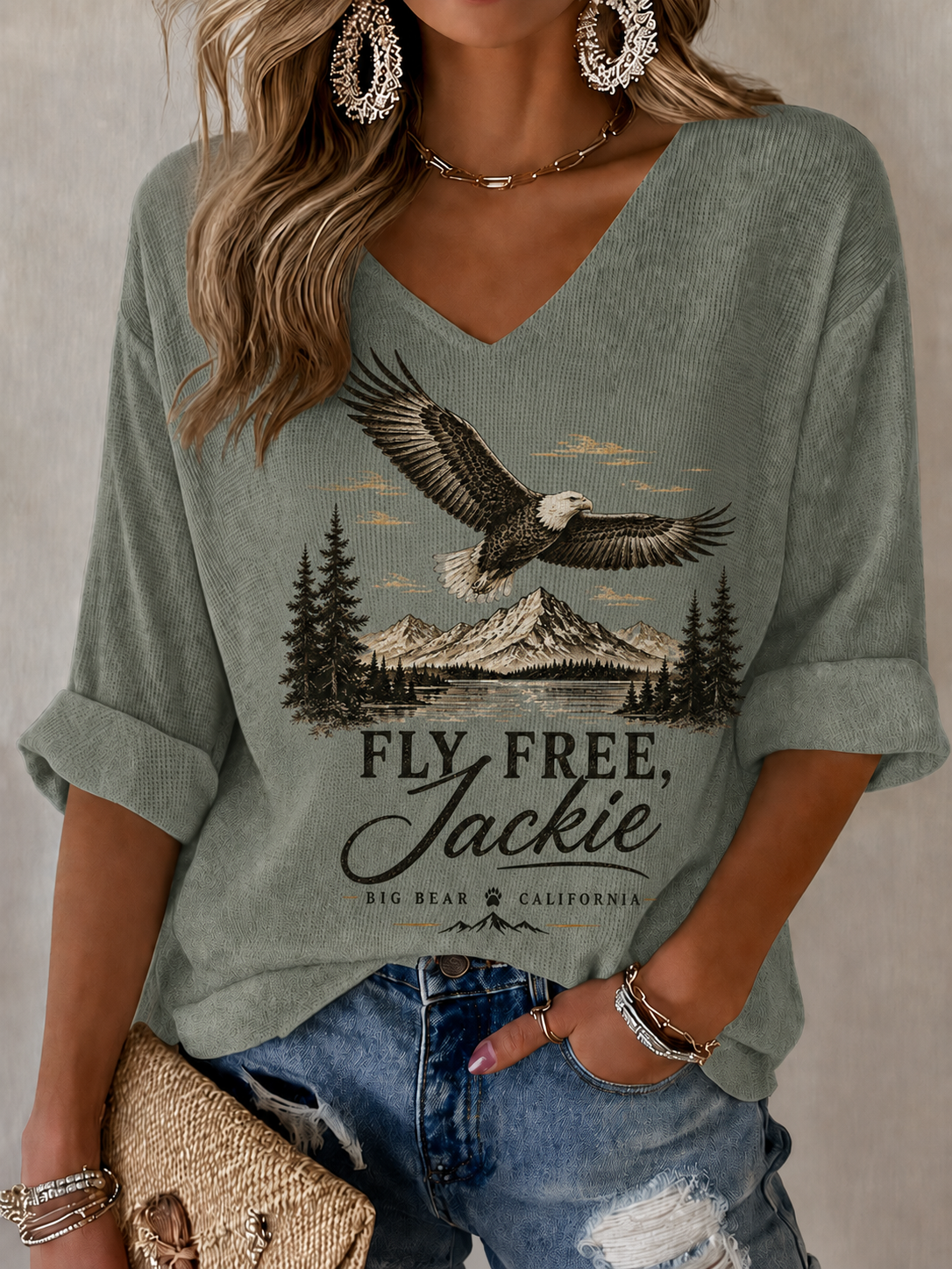 Women'S V-Neck Retro Forever Free Jackie Print T-Shirt