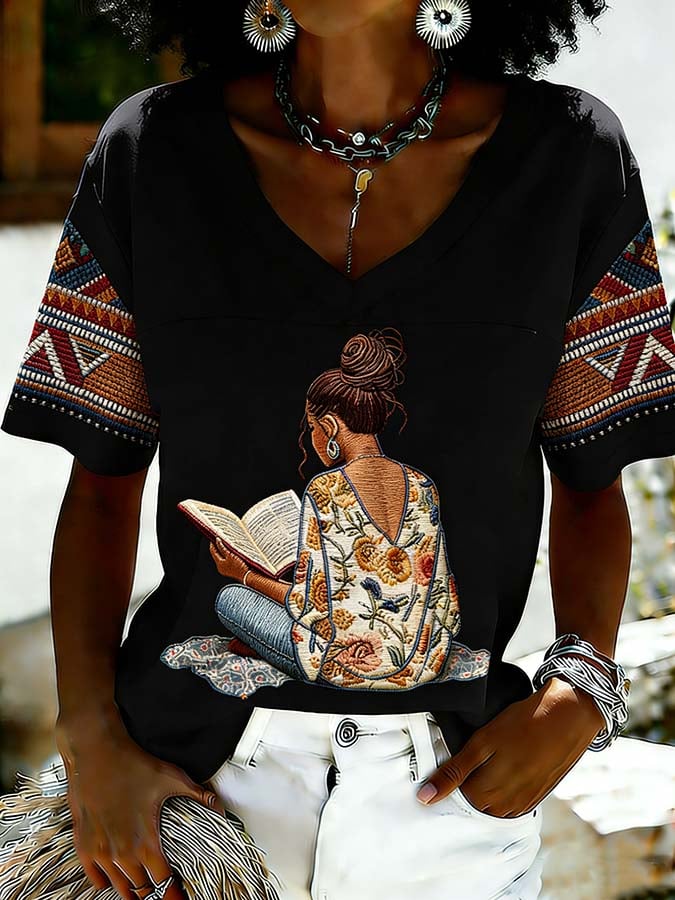 Women's Juneteenth "Positive Energy" Graphic V-Neck T-Shirt (Asian & Black Empowerment)
