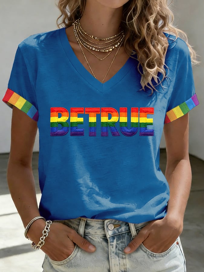 V-Neck Retro Pride Parade Be True Just Love It Print T-Shirt