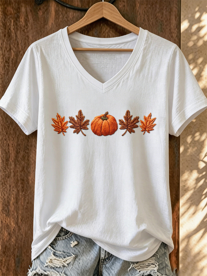 Women's Pumpkin Print V-Neck T-Shirt