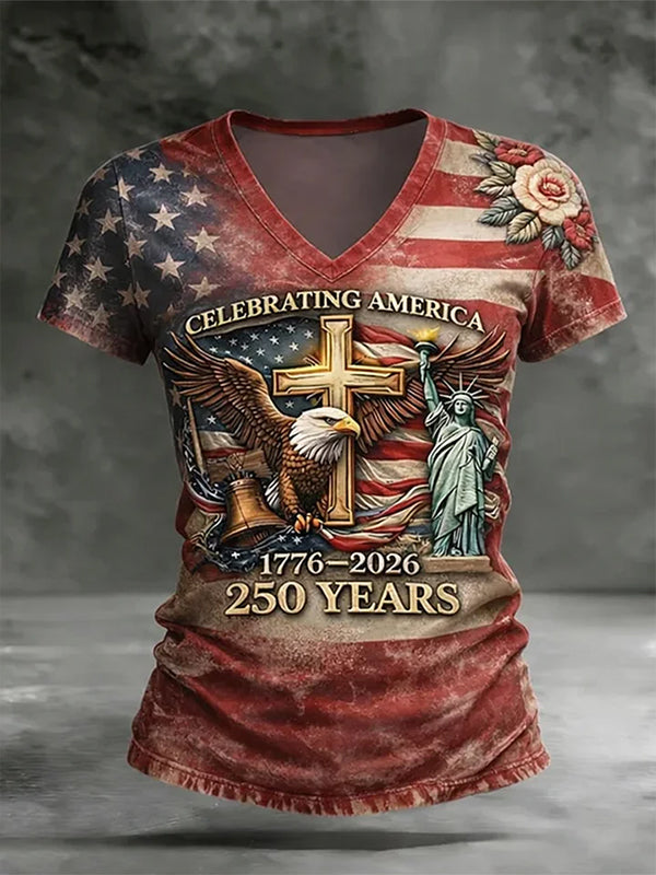 Women's Celebrating America 250 Years Eagle Flag Floral Print Casual V Neck T-Shirt