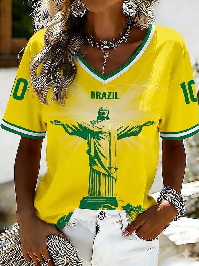 Women's Brazil Football V-Neck Casual T-Shirt