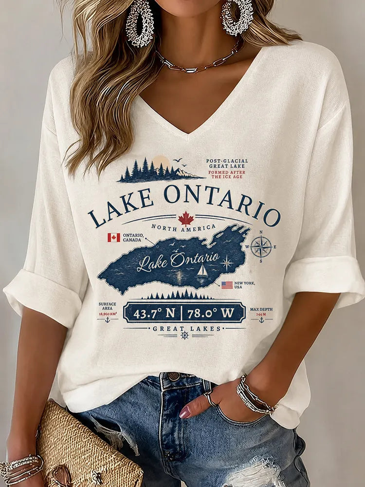 Women's V-neck Lake Ontario Print T-shirt