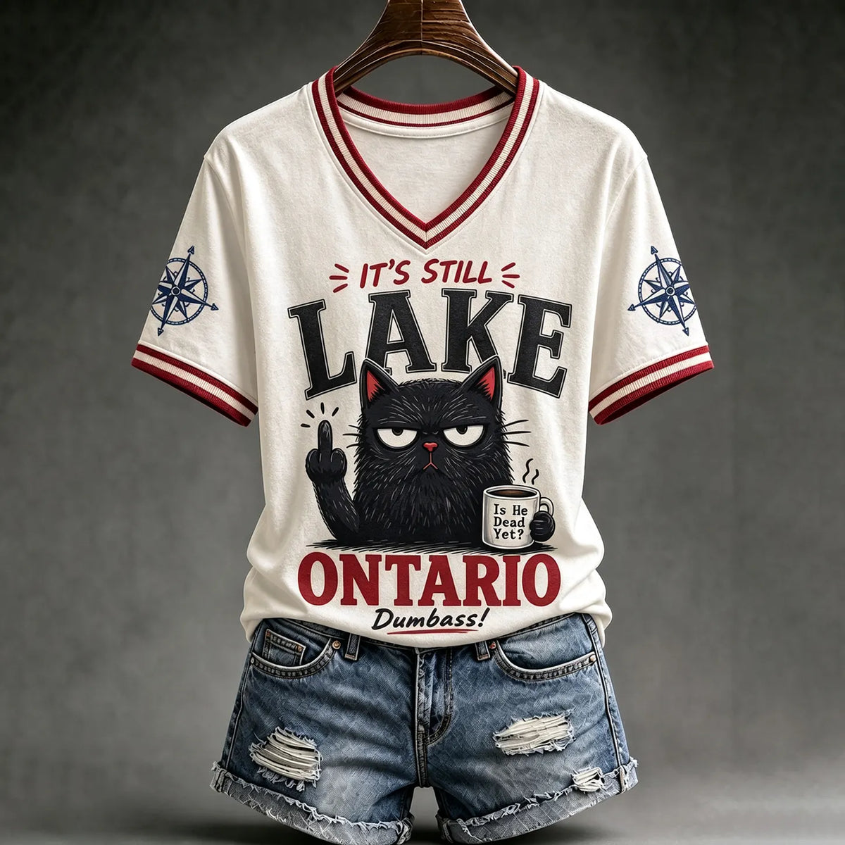 Women’s Vintage Lake Cat Art Print V Neck Casual T-shirt