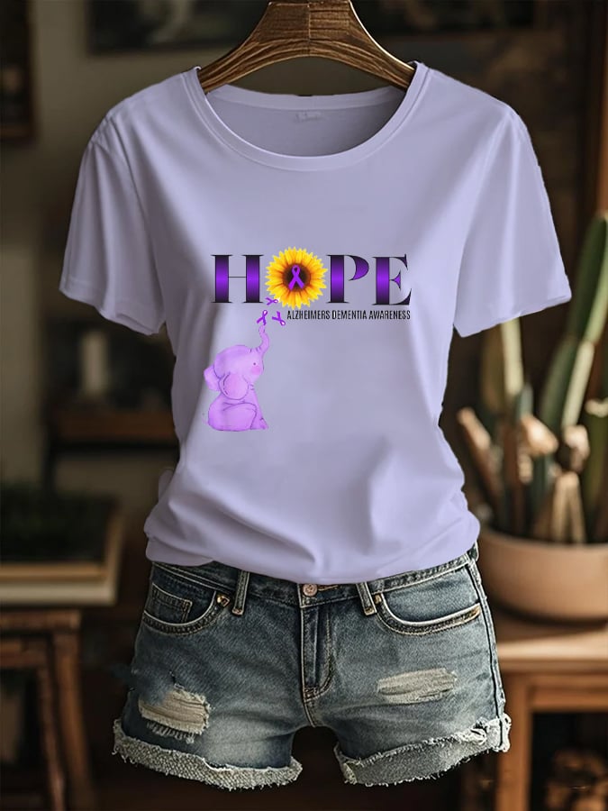 Women's “Alzheimers Awareness Ribbon Purple Elephant” Design Printed Crew Neck T-Shirt