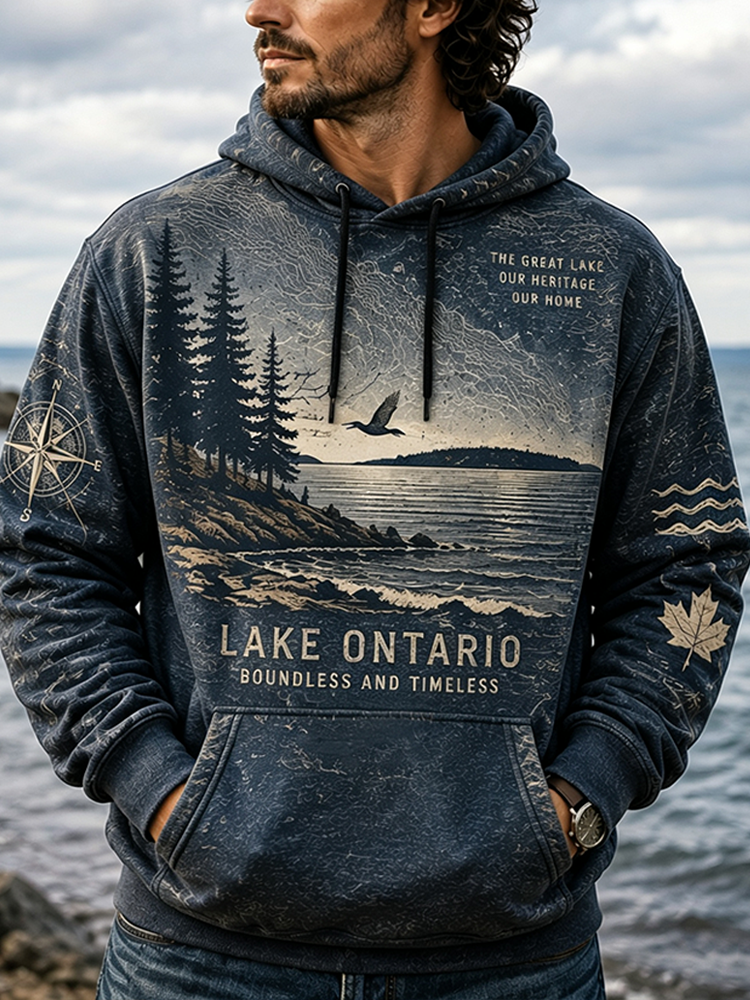 Men's Casual Hooded Sweatshirt - Lake Ontario, Pine Trees, Flying Bird & Wave Print