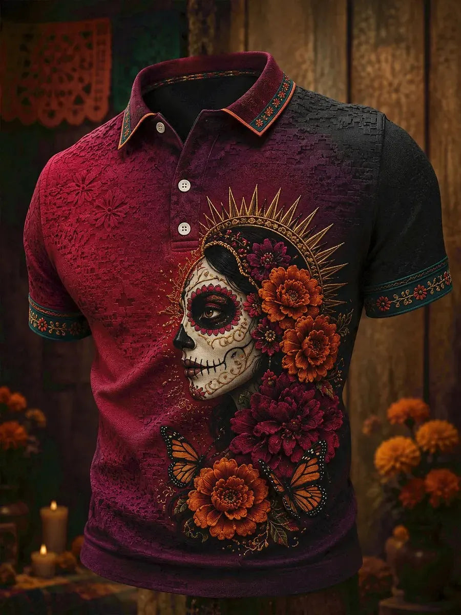 Men's Day Of The Dead Lady Face Marigold Butterfly Print Short Sleeve Polo Shirt