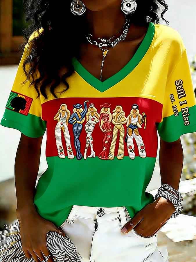 Women's Feminist Slogan Juneteenth Print V-Neck Top