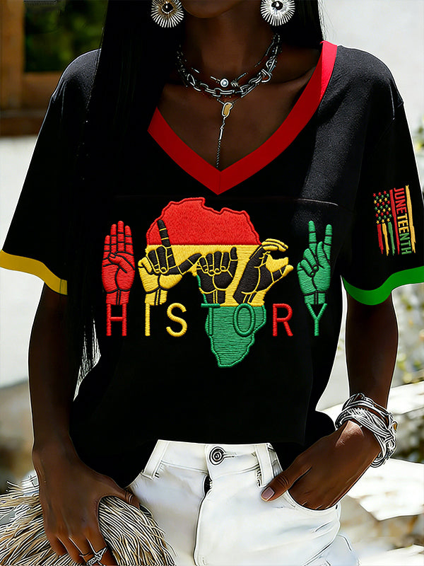 Women's Juneteenth Black History Art Print V Neck Short Sleeve T-Shirt