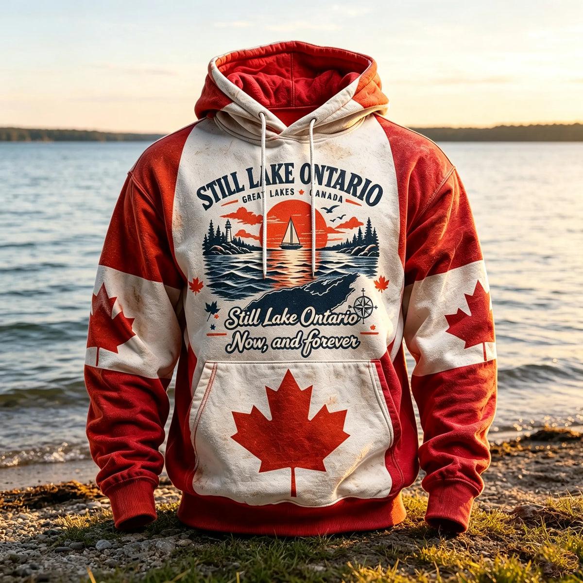 Men's Retro Lake Ontario And Maple Leaf Print Hoodie