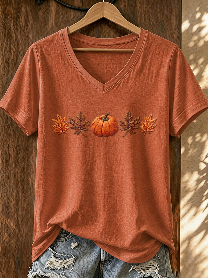 Women's Pumpkin Print V-Neck T-Shirt