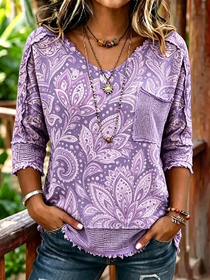 Women's Purple Spliced Raw-Hem Casual Top