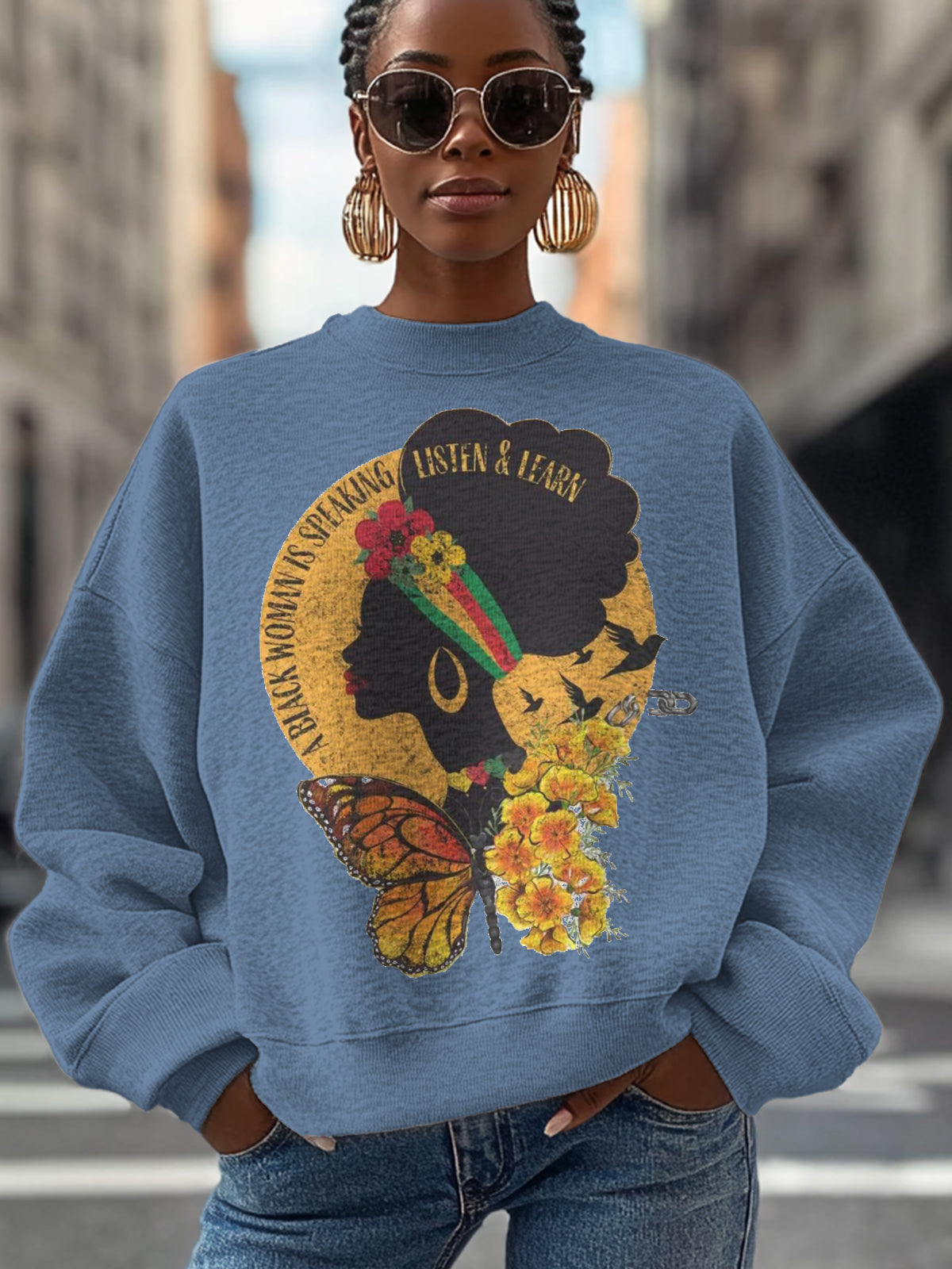 Women's Black Woman Speaking Black History Month Juneteenth Print Cotton Long Sleeve T-Shirt Thin Sweatshirt