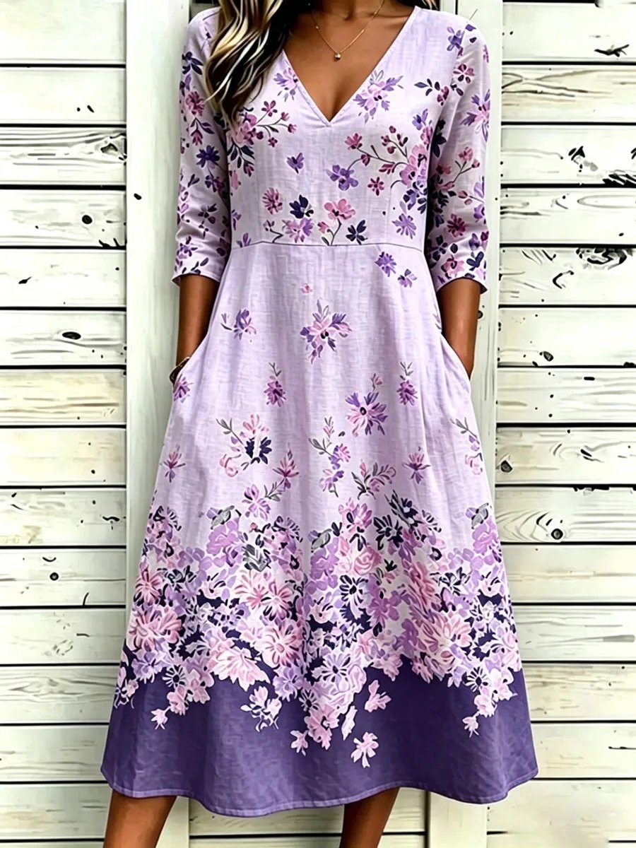 Women's Cotton Linen Botanical Floral Casual Dress