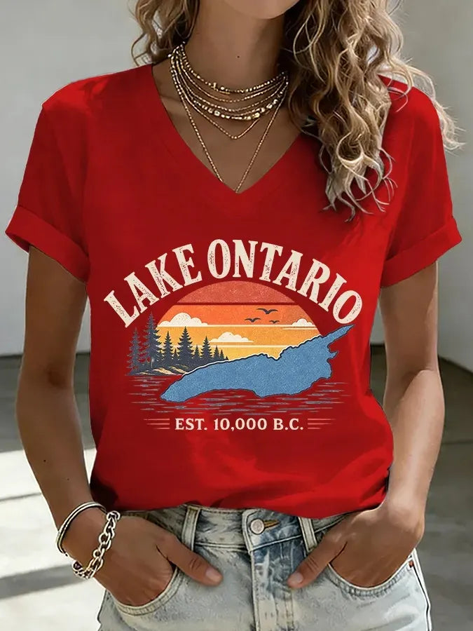 Women's V-neck Retro Lake Ontario Est. 10,000 B.c. Print T-shirt