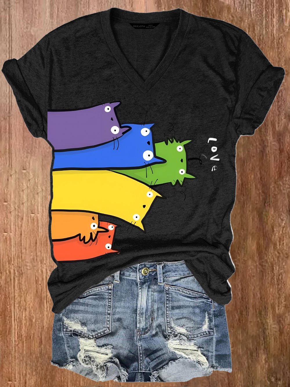 Women's Rainbow Striped Cat Pride Month And Cat Printed V-Neck T-Shirt Top