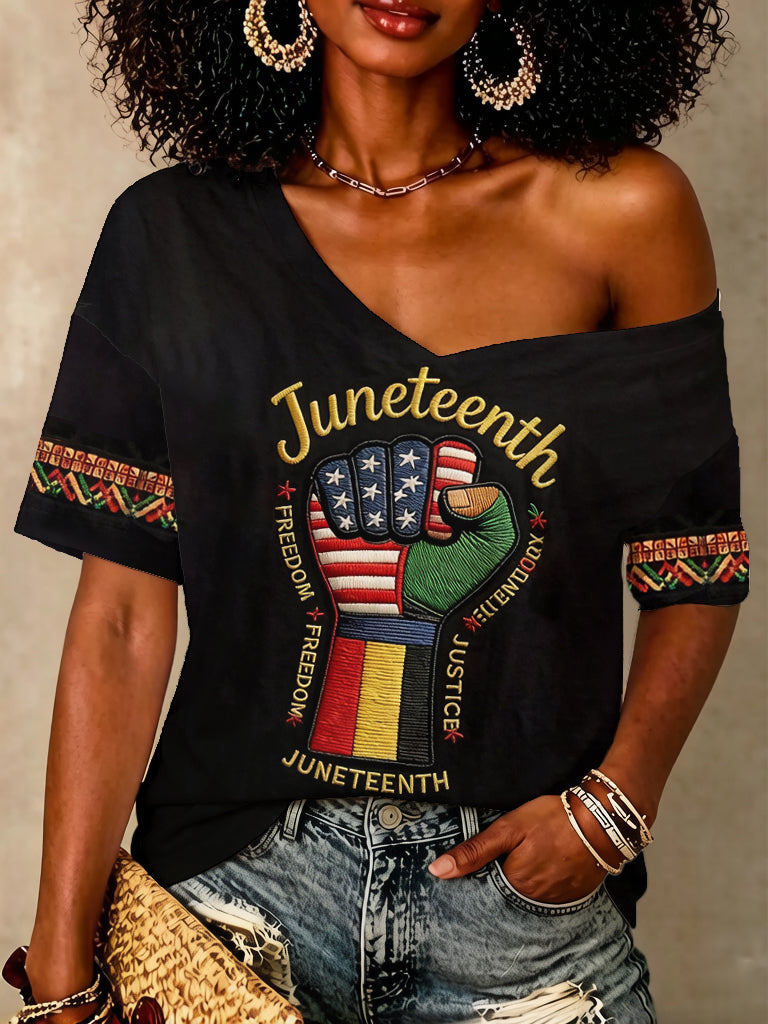 Women's Juneteenth Freedom Fist Print Casual V Neck T-Shirt