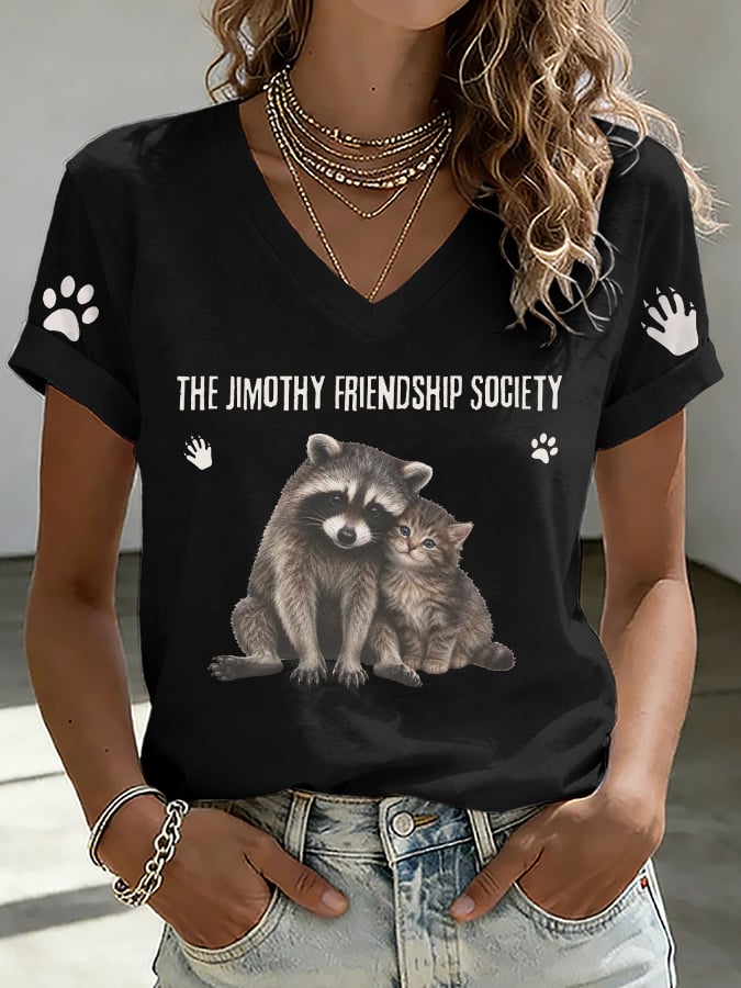 V-Neck Retro The Jimothy Friendship Society Print T-Shirt