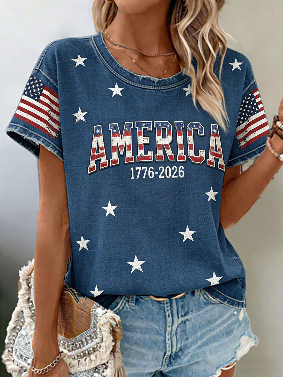 Women's America 1776-2026 Flag Print Casual T-Shirt