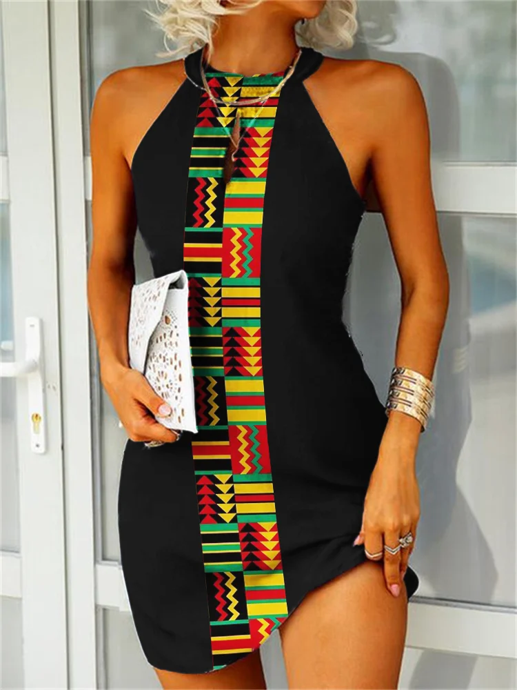 Women's Juneteenth Geometric Print Sleeveless Halter Mini Dress