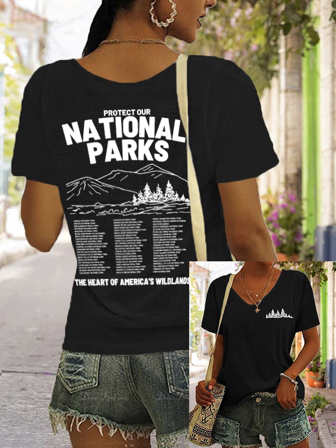 Women's Protect Our National Parks Print V Neck Casual T-Shirt