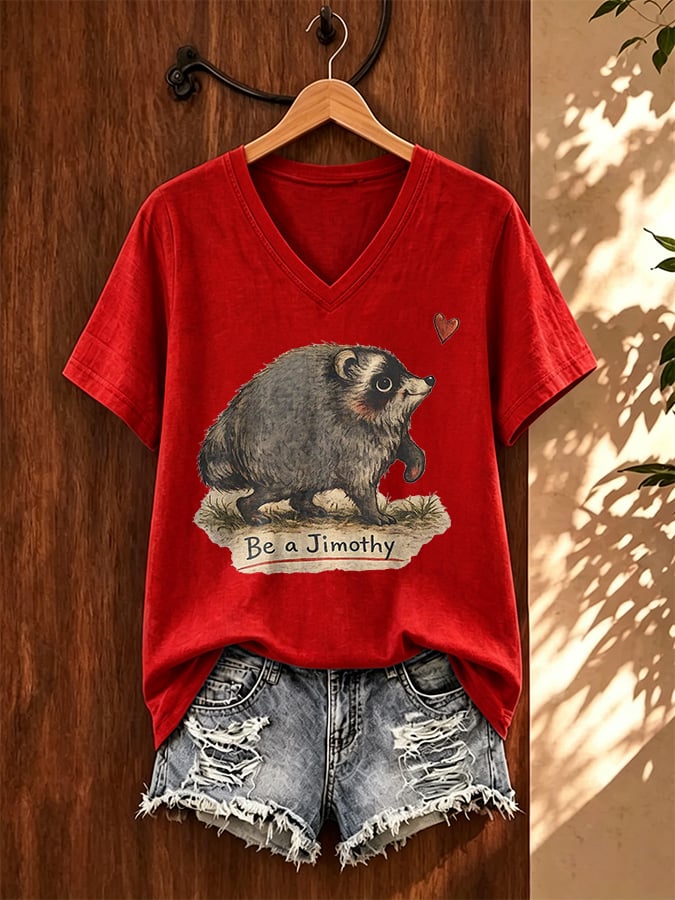 V-Neck Retro Jimothy Raccoon Be A Jimothy Print T-Shirt