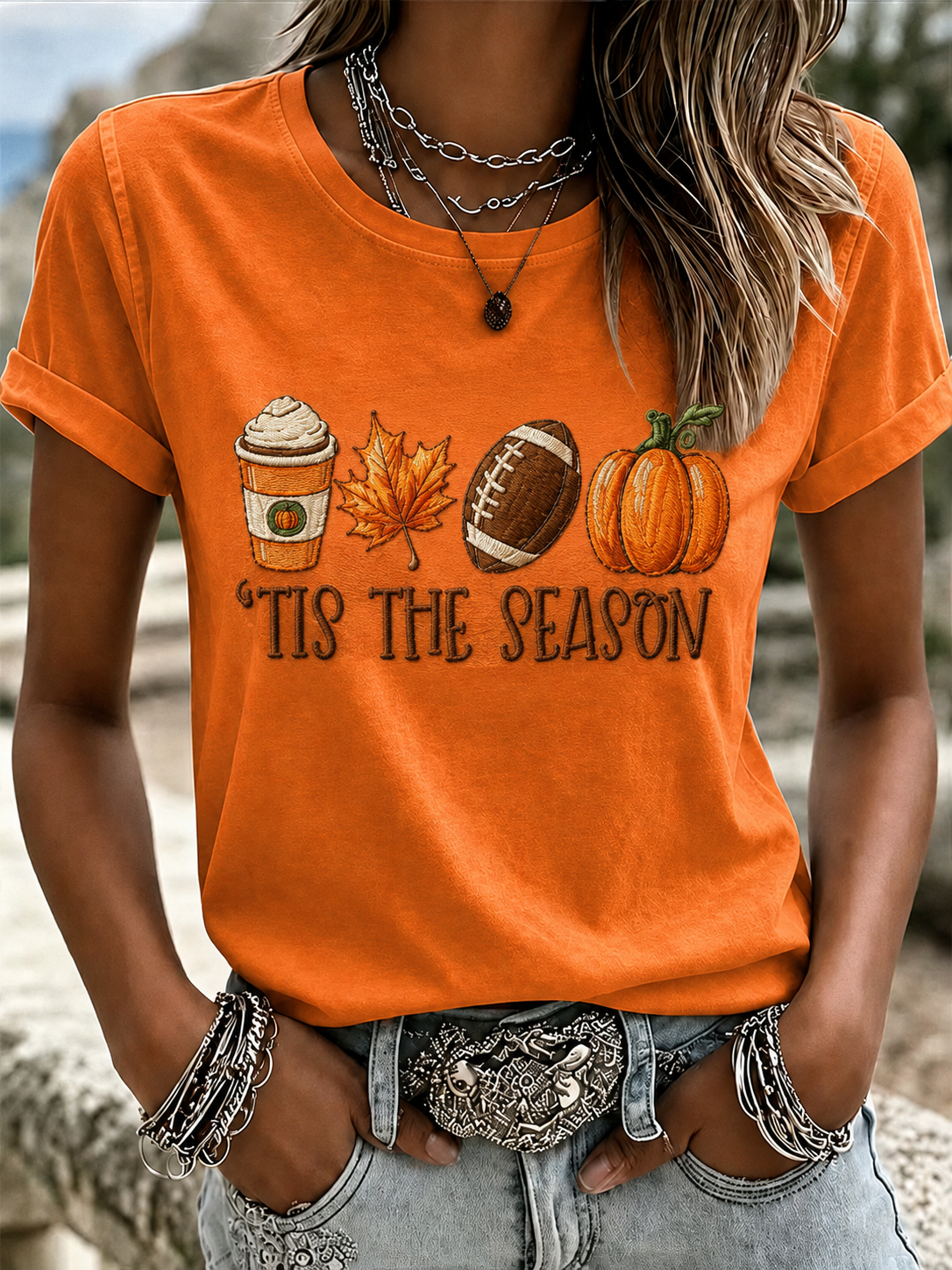 Women'S Autumn Leaf Printed Short Sleeved T-Shirt
