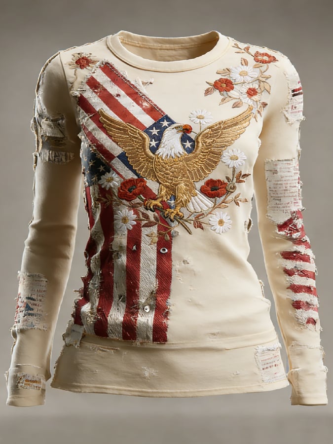 Women's casual long-sleeved T-shirt with 250th anniversary national flag and floral print.