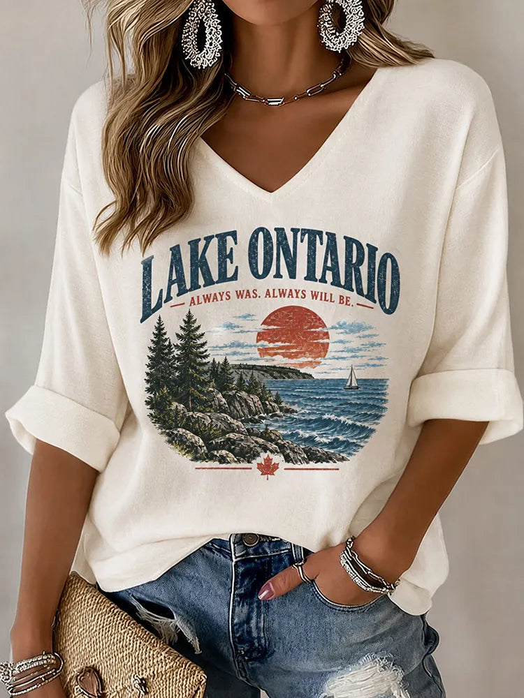 Women's Retro V-neck Lake Ontario Print T-shirt