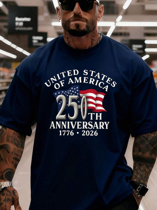 Men's 250th Anniversary 1776-2026 Patriotic Print Cotton Casual T-Shirt