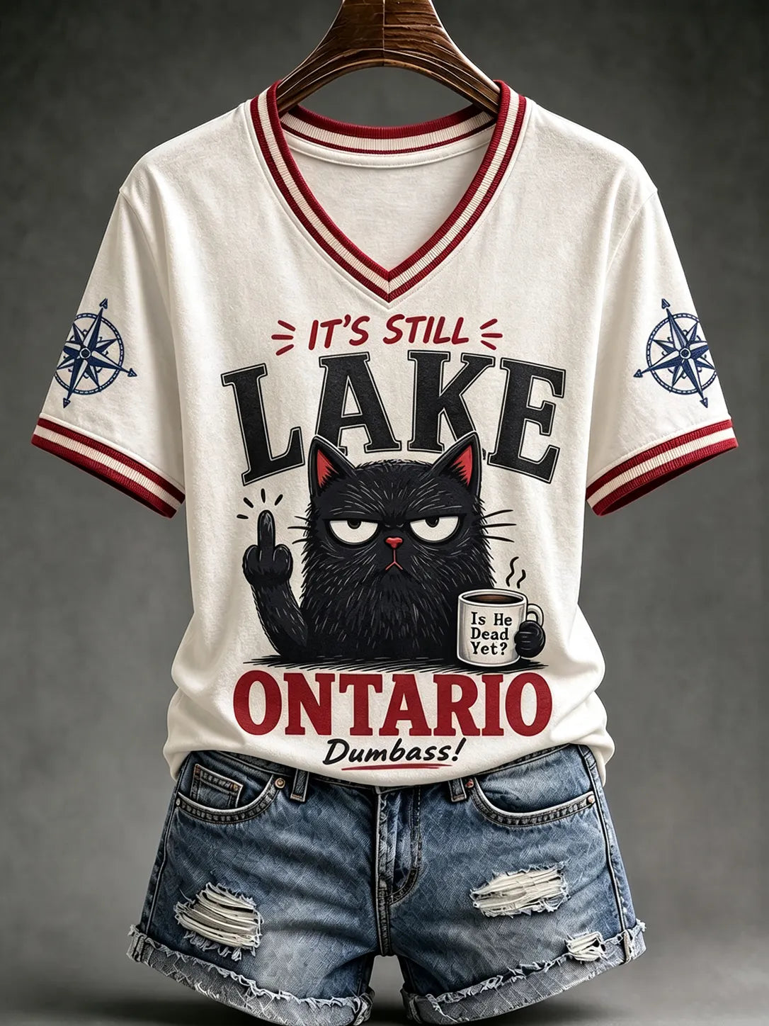 Women’s Vintage Lake Cat Art Print V Neck Casual T-shirt