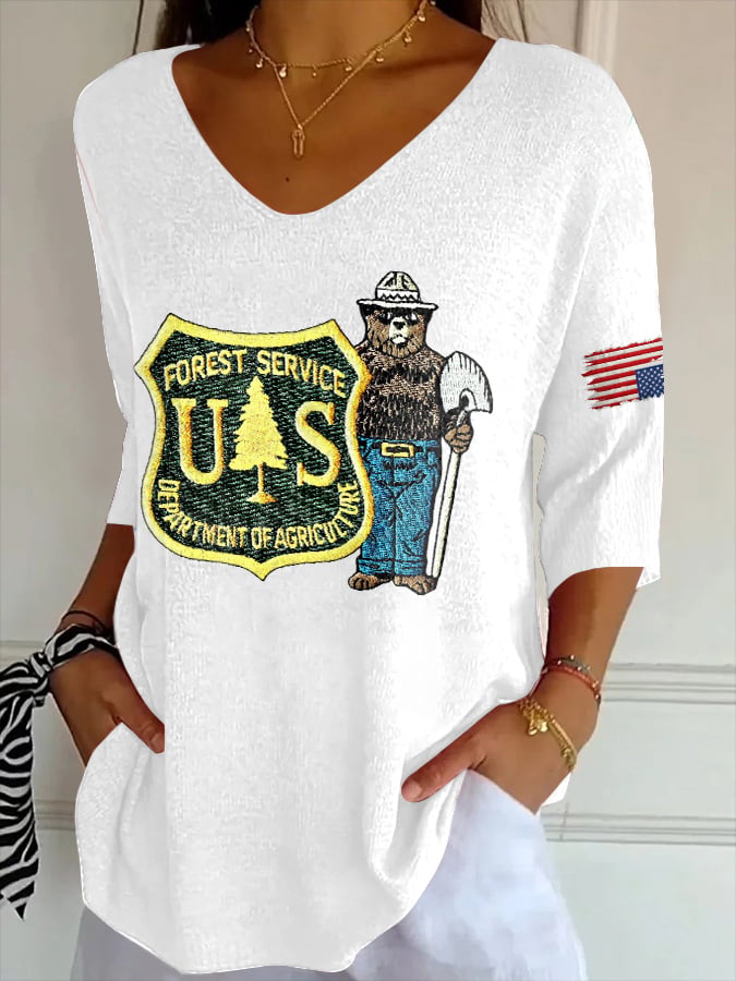 V- Neck Retro Save The Forest Service Print Shirt