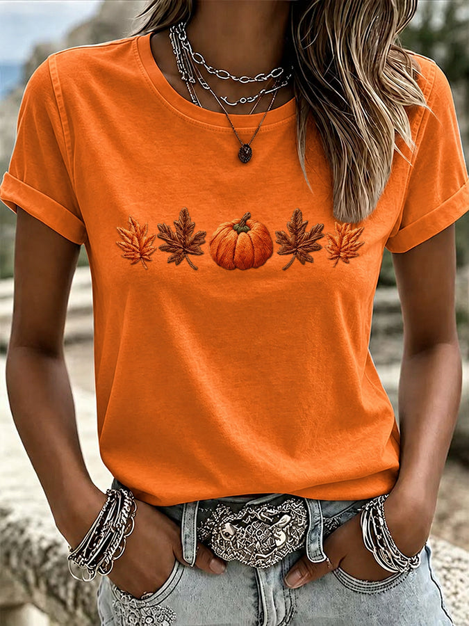 Women's Pumpkin Maple Leaf Print Crew Neck T-Shirt