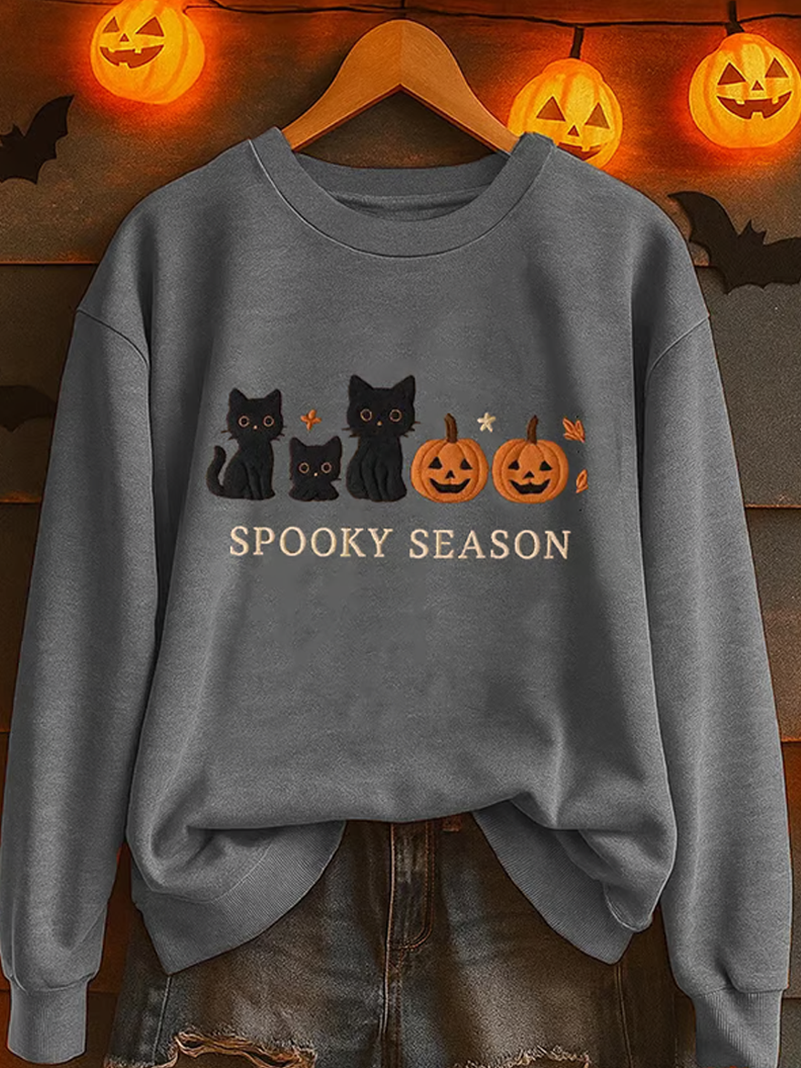 Women's Autumn Long Sleeve Top with Halloween Cat Print