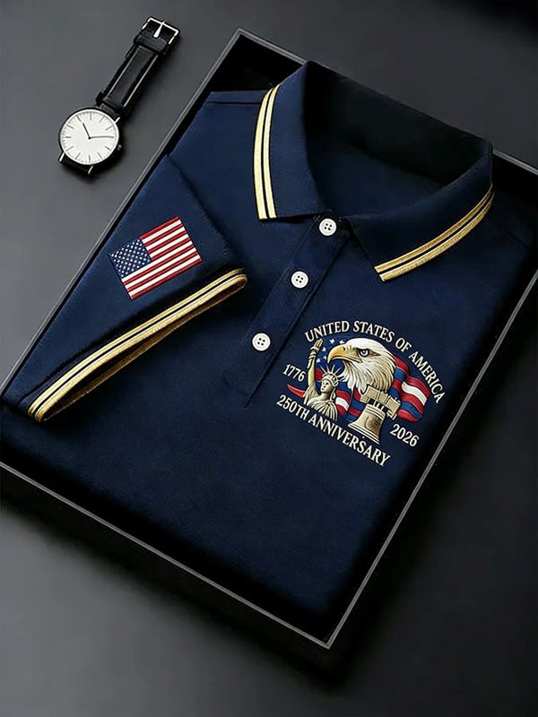 Men's United States Of America Anniversary Eagle Print Casual Polo Shirt