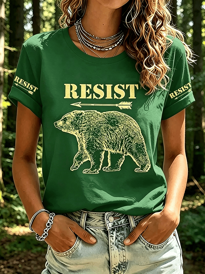 Women's Resist Bear Print Retro Short-Sleeve T-Shirt