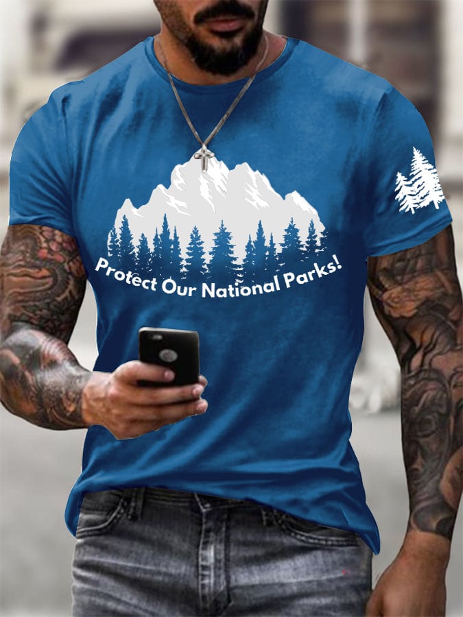 Men'S Retro Protect Our National Parks Printed Casual Crew Neck T-Shirt