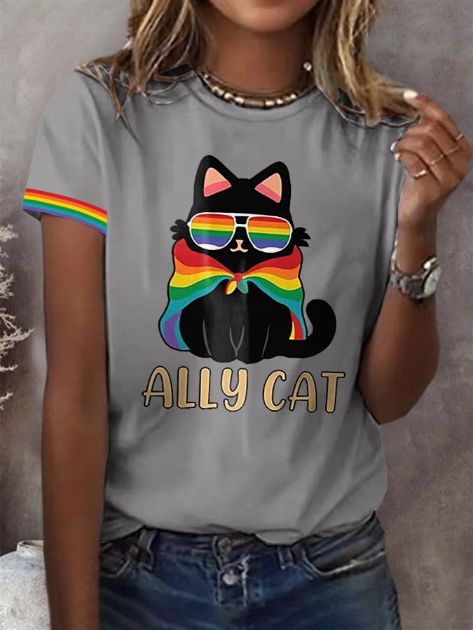 Women's Pride Month Rainbow Ally Cat print Short Sleeve T-Shirt