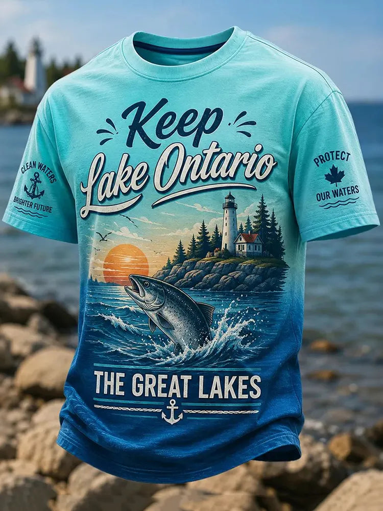 Men's Keep Lake Ontario Fish Landscape Print Crew Neck Short Sleeve T-shirt