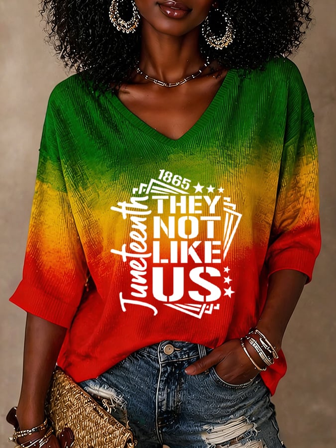 Women's  Black Juneteenth Print Waffle Fabric Long-sleeved T-shirt