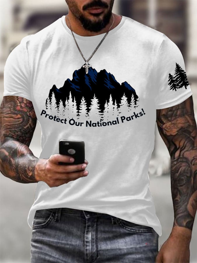 Men'S Retro Protect Our National Parks Printed Casual Crew Neck T-Shirt
