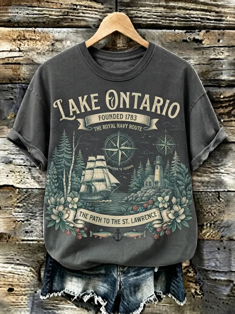 Women's Vintage Graphic T-shirt - St. Lawrence River & Lighthouse