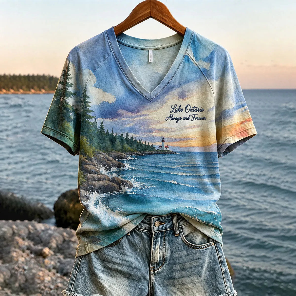 Women's Retro Lake Ontario Landscape Print V-neck Short Sleeve T-shirt