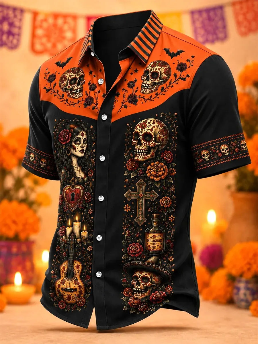 Men's Day Of The Dead Catrina Skull Cross Guitar Bottle Print Short Sleeve Buttons Shirt