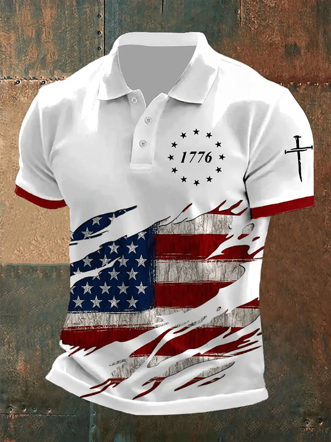 Men's 1776 American Flag Cross Print Polo Shirt