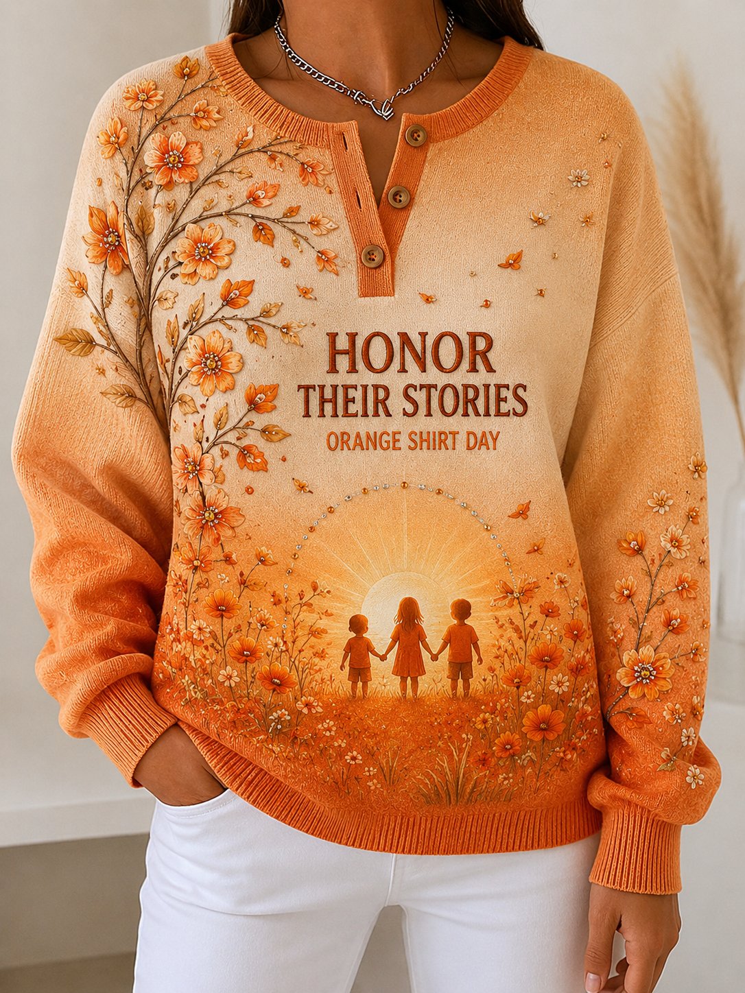 Women's Orange Shirt Day Print Knit Sweater